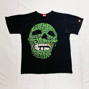VTG Y2K Element Green Skull Large Graphic T-Shirt Calligram Word Art Skater Punk